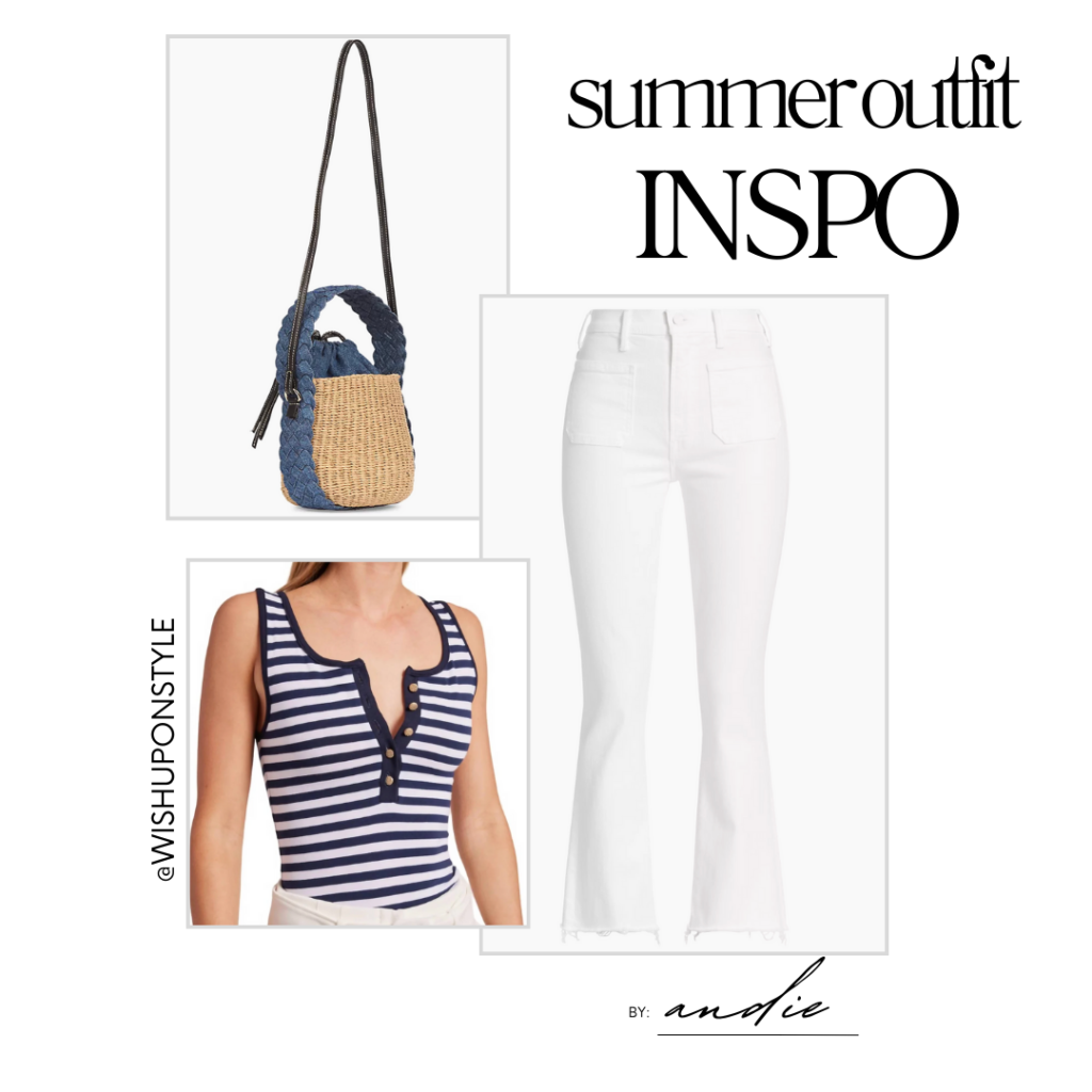 white jeans, striped tank and a bucket bag